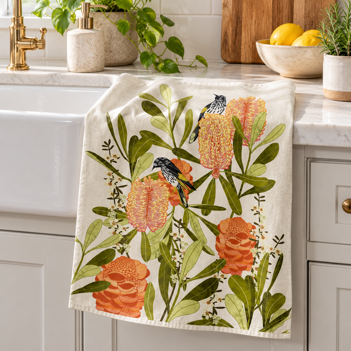 Tea Towel - Banksia with Honey Eaters White Background