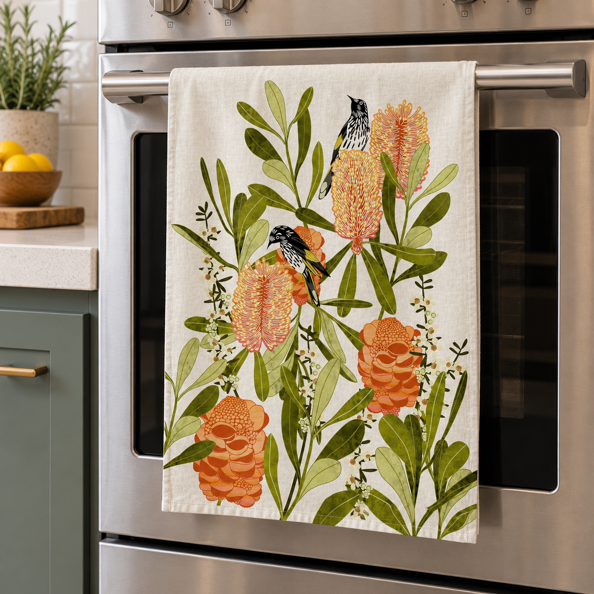Tea Towel - Banksia with Honey Eaters White Background