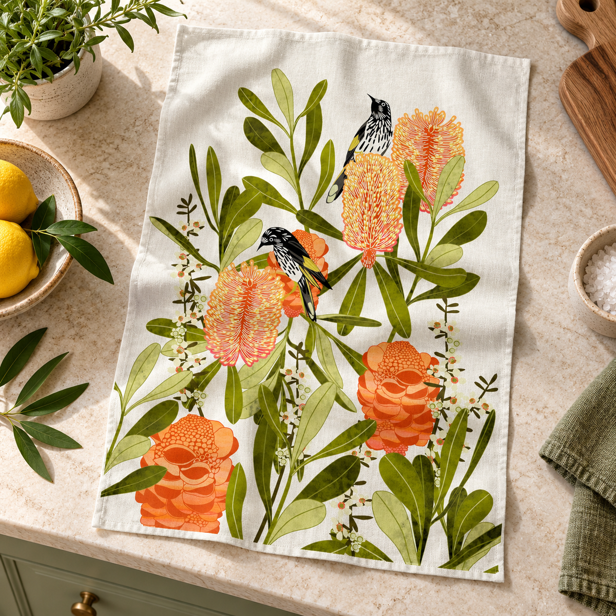 Tea Towel - Banksia with Honey Eaters White Background