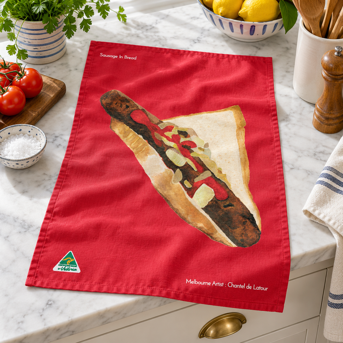 Tea Towel - Sausage in Bread Red