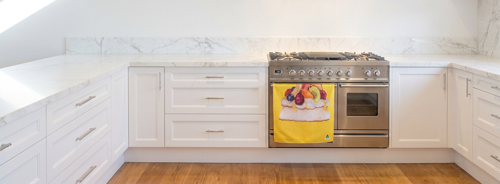 Australian made Pavlova tea towel on a range cooker in a Melbourne kitchen