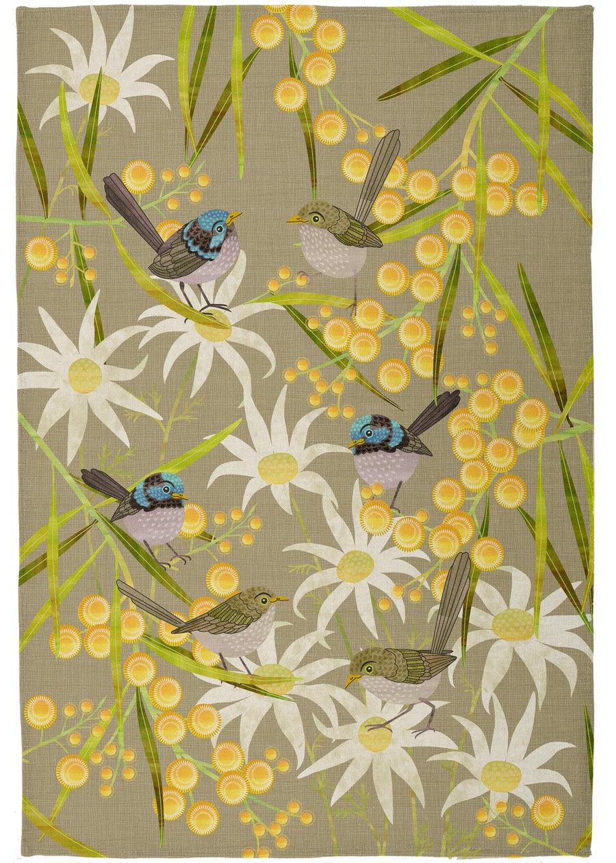 Tea Towel - Wrens with Flowering Wattle