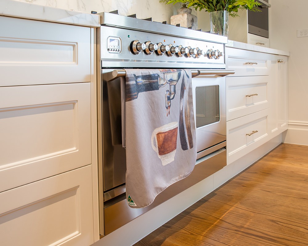 Cappuccino tea towel in a kitchen