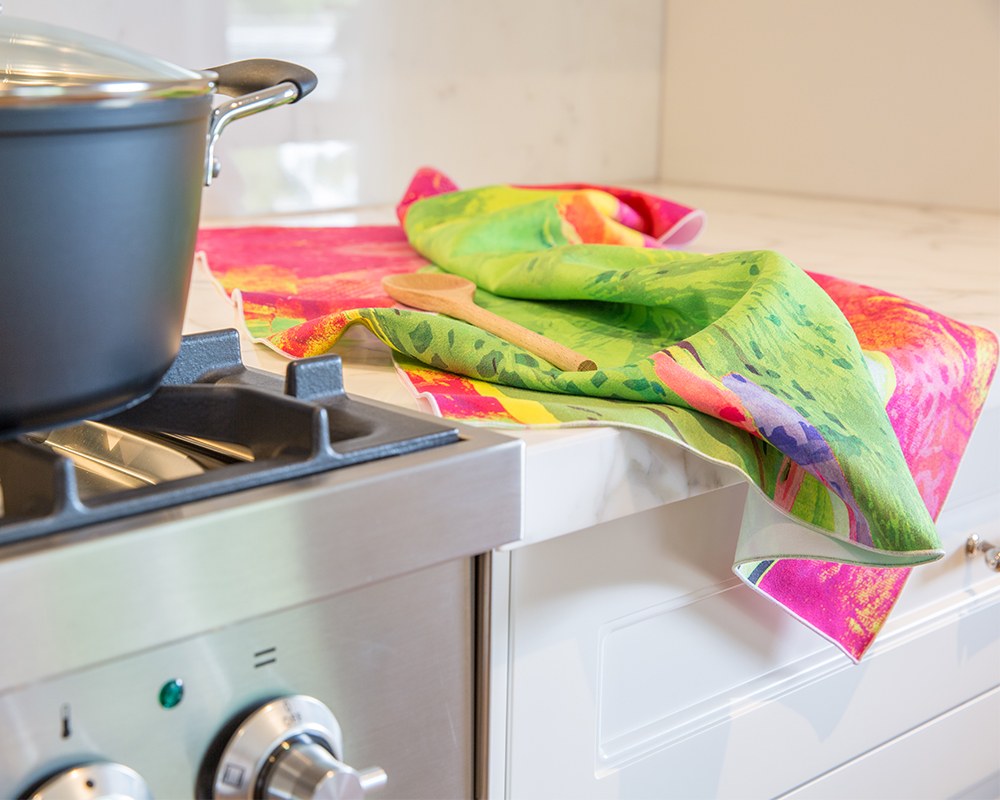 Eclectus parrot tea towel in a Melbourne kitchen