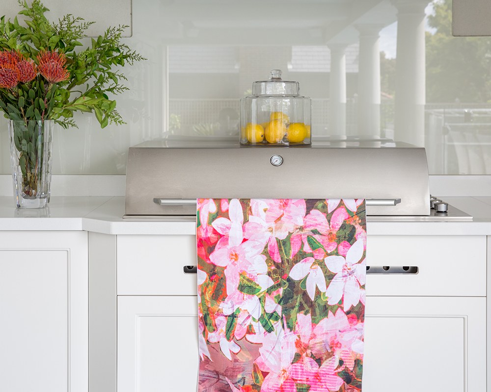 Flower Girl tea towel in a kitchen