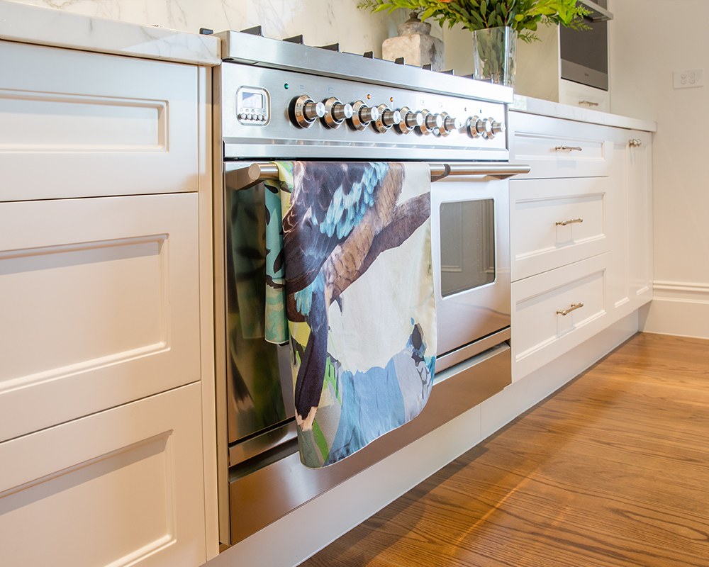 Cyan Kookaburra tea towel in a Melbourne kitchen