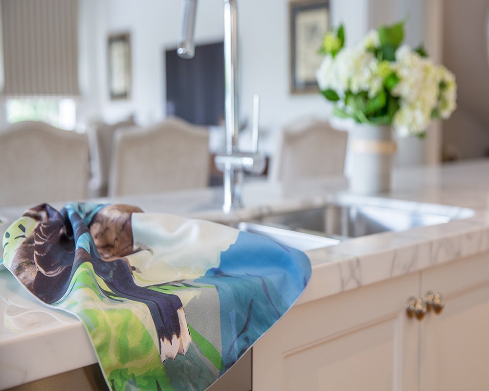 Cyan Kookaburra tea towel in a Melbourne kitchen