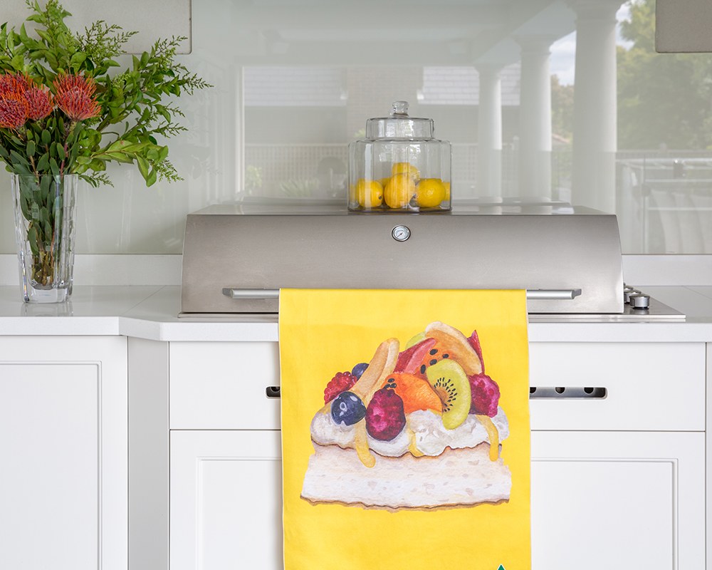 Pavlova tea towel in a kitchen