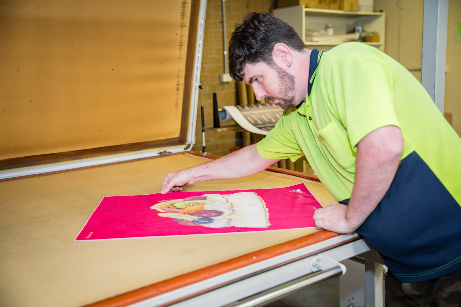 Pavlova tea towel being hand-printed in our Melbourne workshop